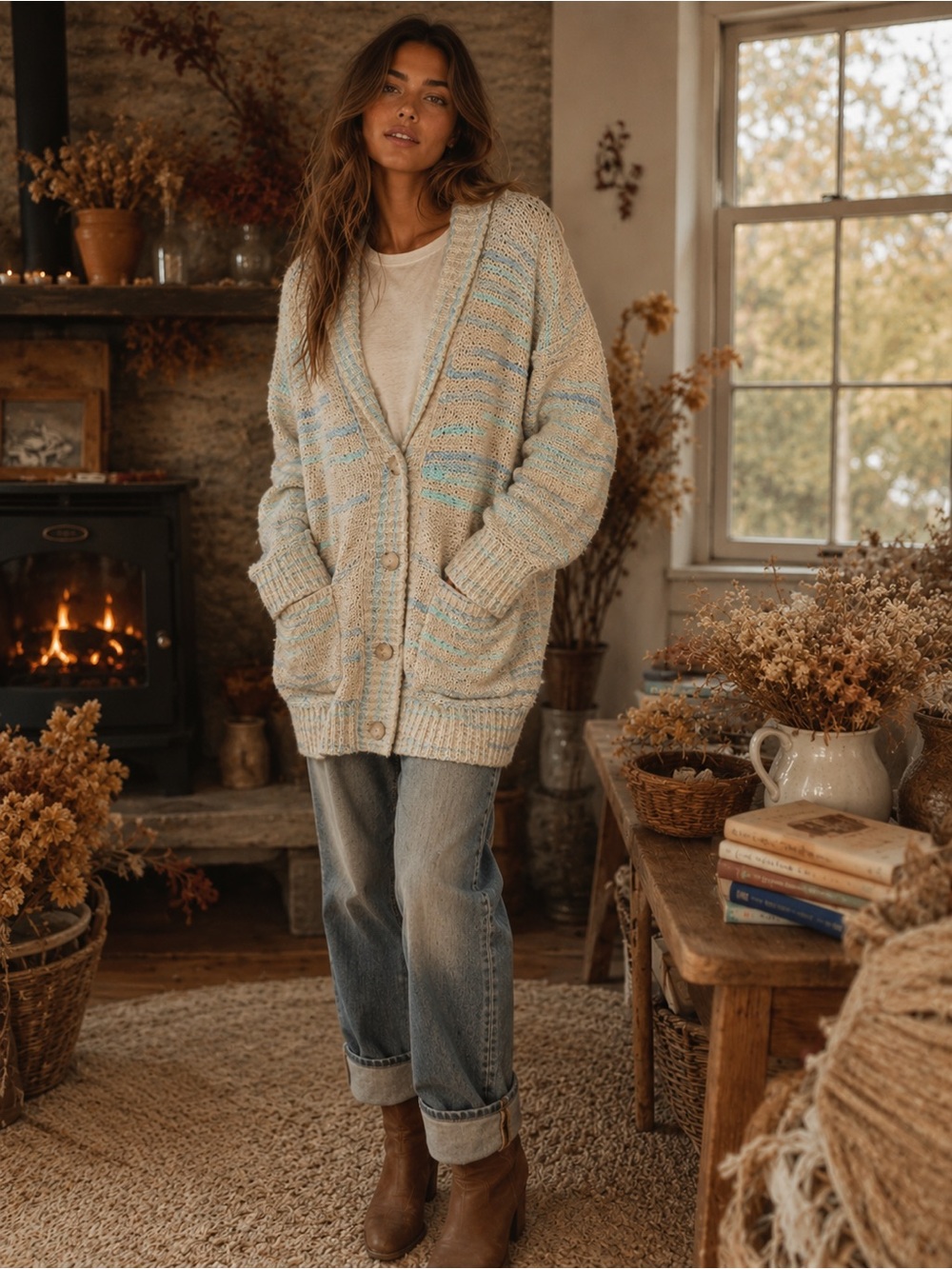 Anthropologie Pilcro Oversized Cardigan Sweater in Cream Blue Women's Small
